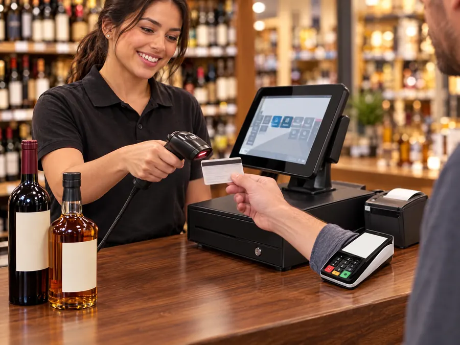 Cashier scanning a customer’s driver’s license at the register