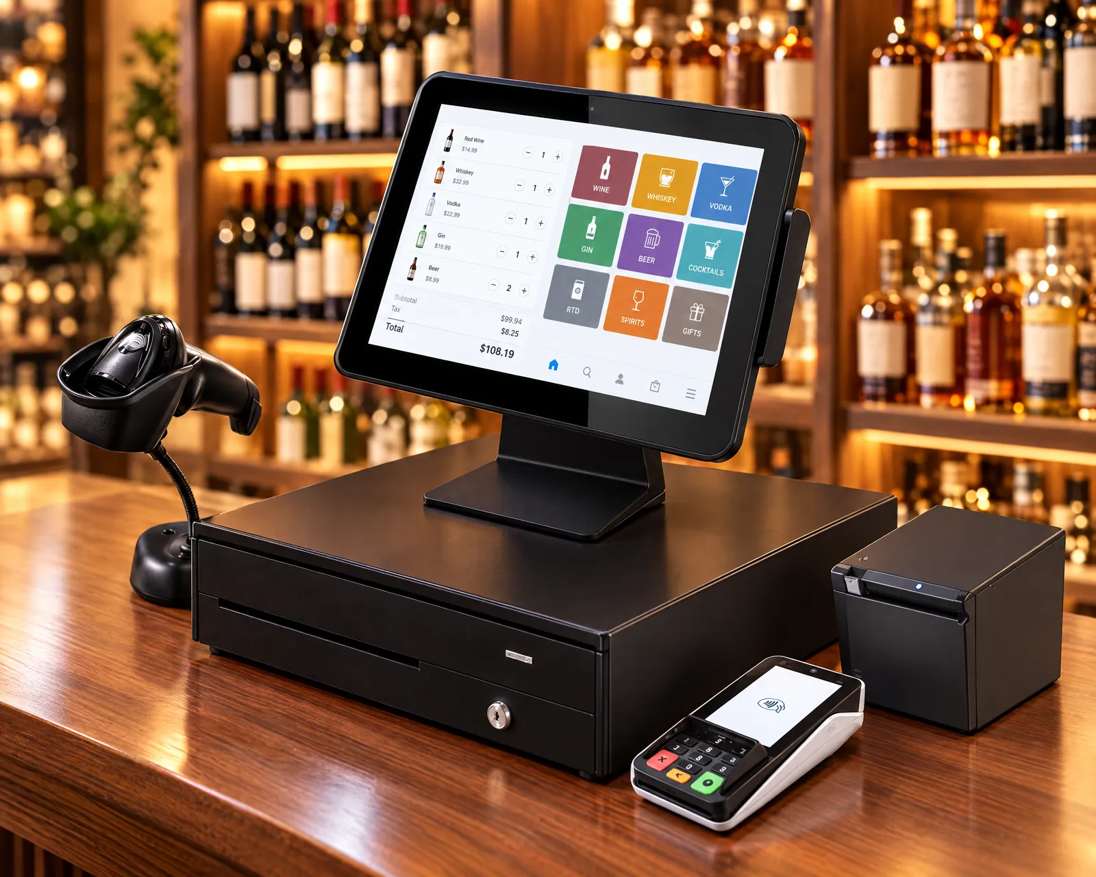Complete POS station on a liquor store counter: touchscreen register, cash drawer, receipt printer, barcode scanner and card terminal