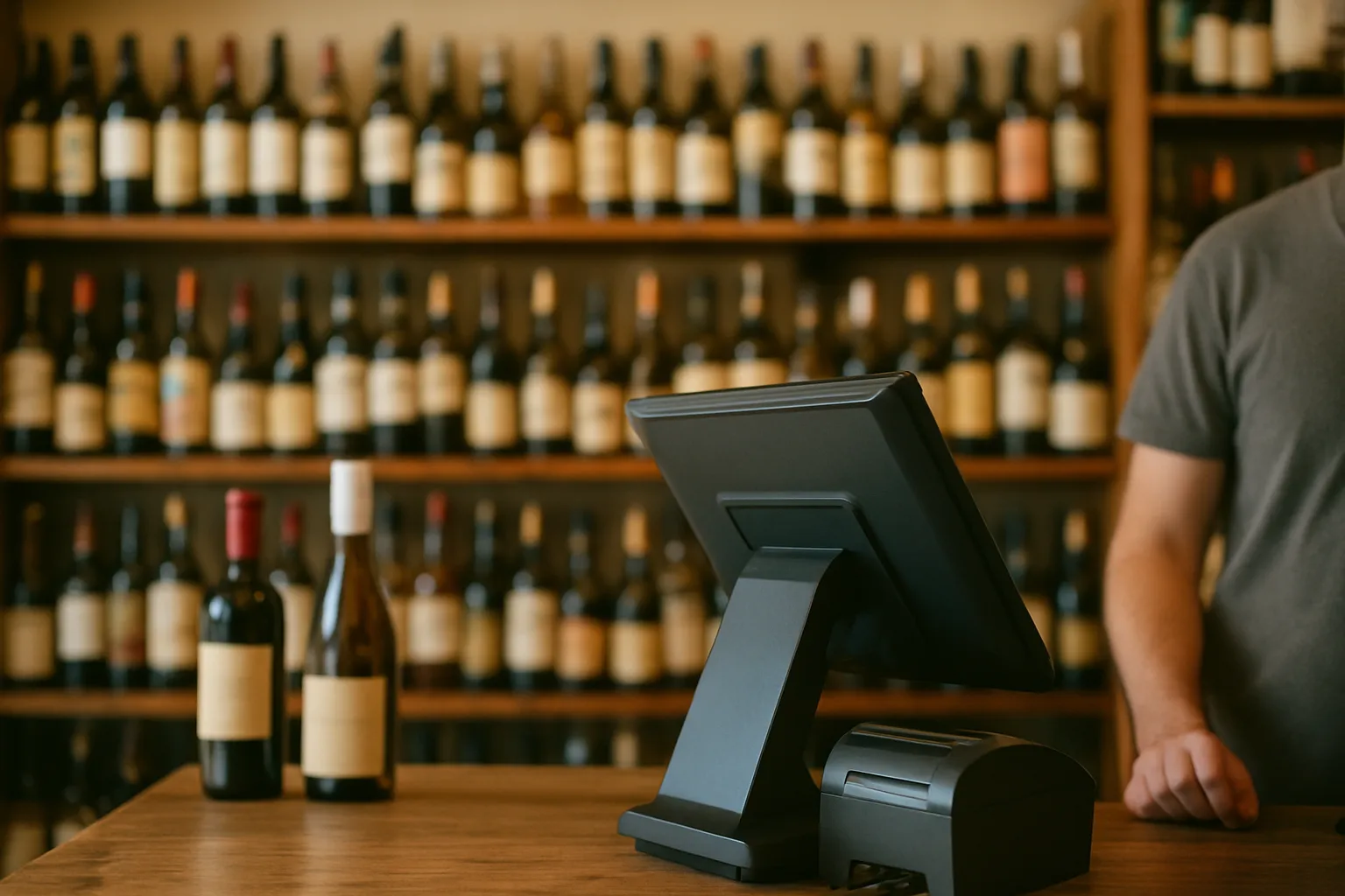 Cashier scanning a liquor bottle barcode at a retail store register