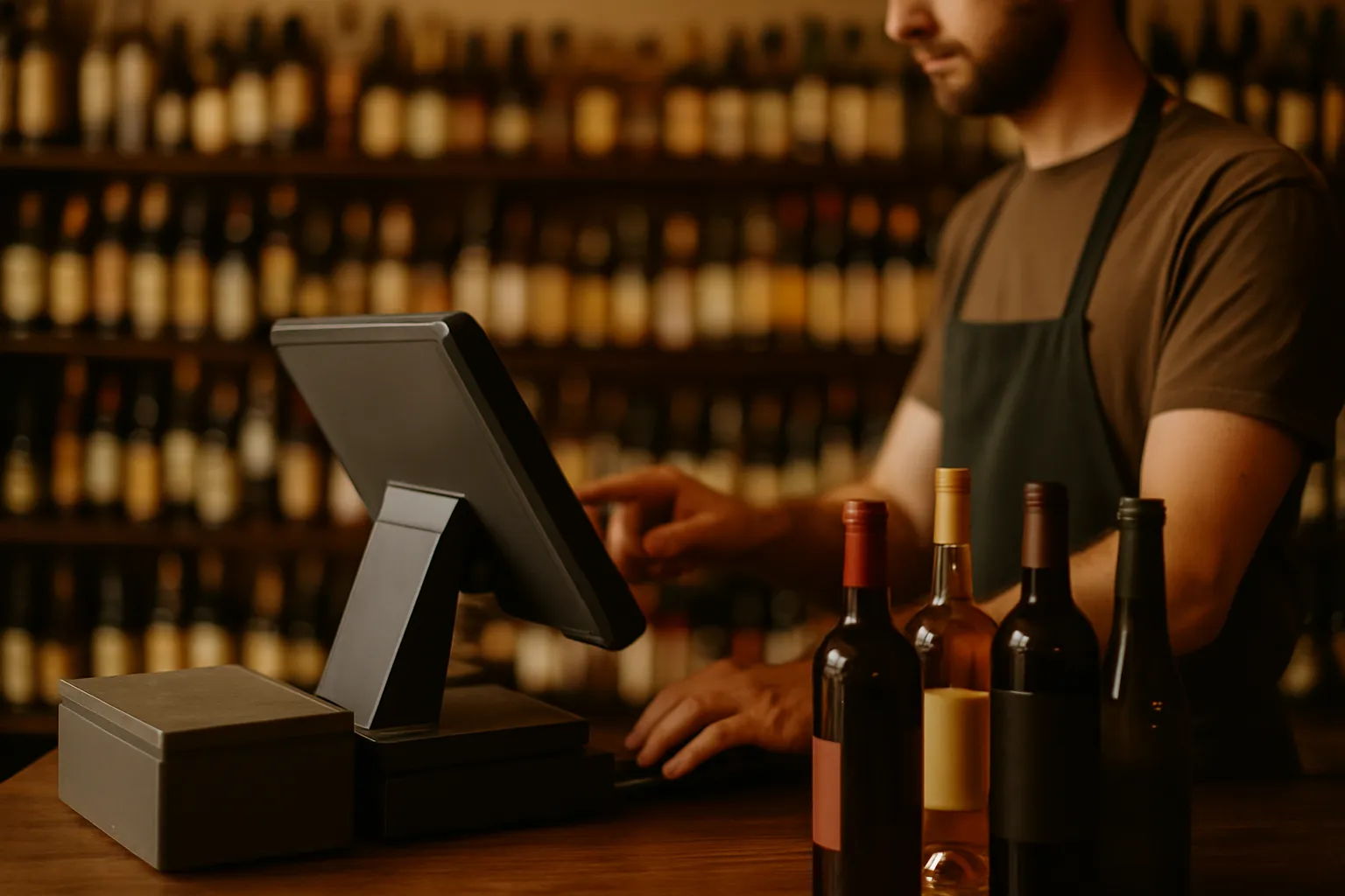 Liquor store owner reviewing shelf inventory behind a well-stocked spirits counter