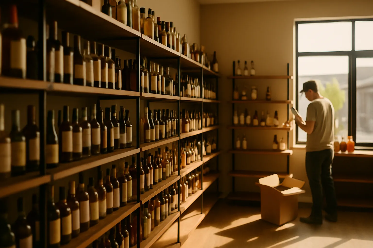Interior of an independent liquor store with shelves stocked with bottles and a checkout counter