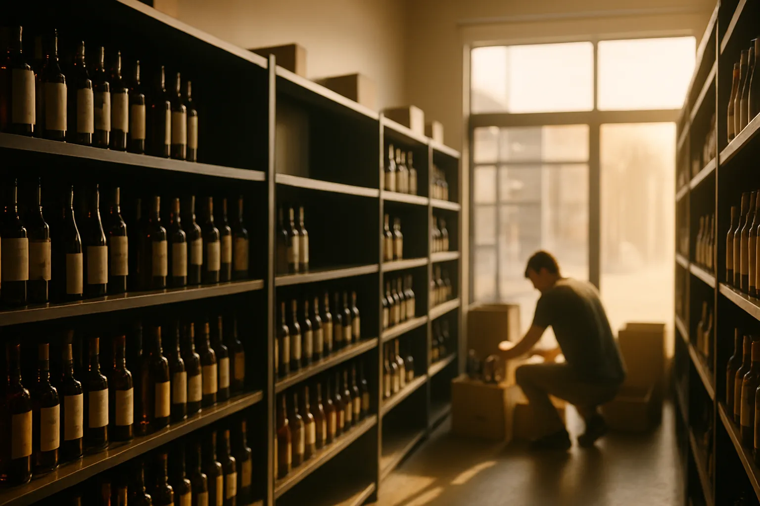 Liquor store owner reviewing sales reports on a touchscreen POS register behind the counter