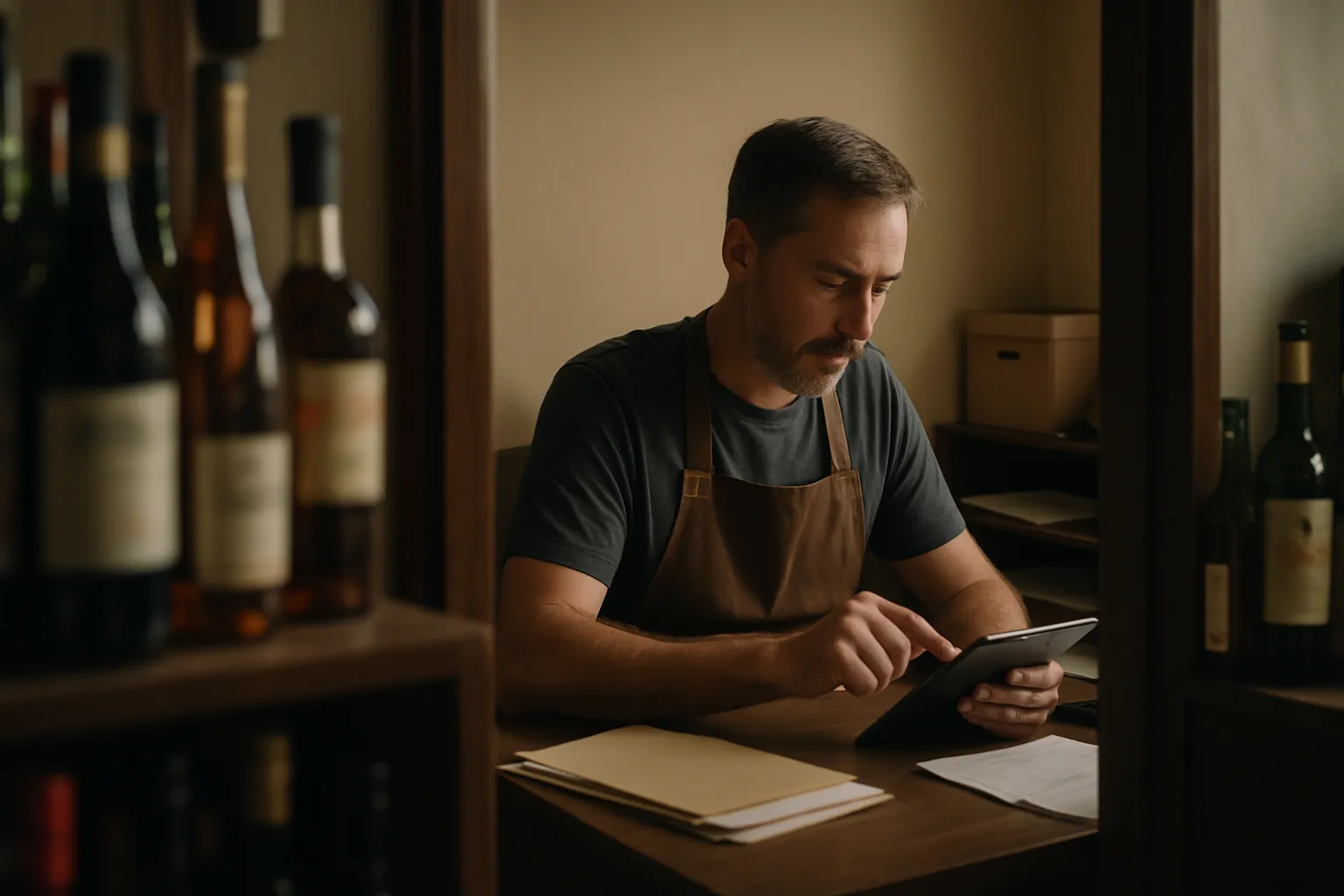 Store owner reviewing pricing on a liquor store POS touchscreen register