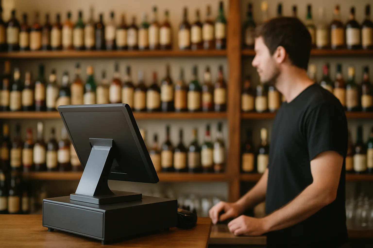 Liquor store owner reviewing sales reports at a register counter