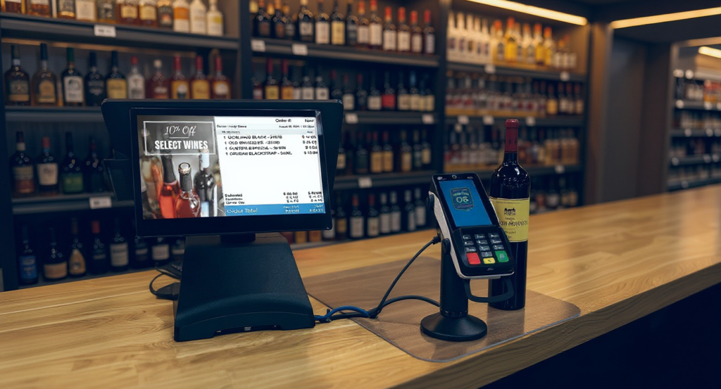 Liquor Store OS POS system on a checkout counter in a modern liquor store with shelves of spirits and wine